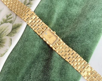 Vintage Bulova Gold Tone Watch Rectangular Case with Diamond Accent Textured Dial Gold Link Bracelet Classic Dress Watch for Women