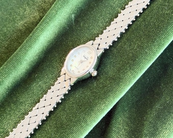 Vintage Vanity Fair Ladies Watch, Mother of Pearl Diamond Dial, Quilted Silver Bracelet, Old Money Watch Women, Gift for Her
