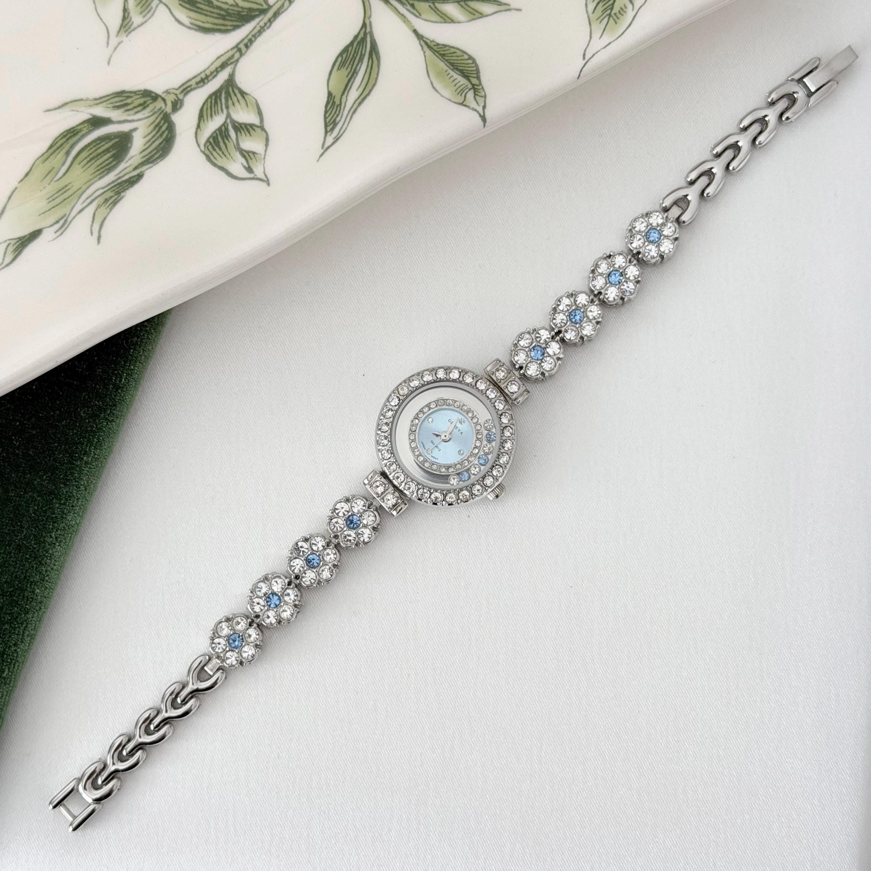 Geneve Vintage Sterling Silver Ladies Bracelet Watch with Blue Stone Accents Vintage Blue Gem Watch – ekiztas collection main image 4