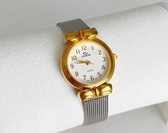 Cenere Women's Two Tone Watch | Round White Dial | Gold Bow Accent | Silver Mesh Band | Minimalist Old Money | Retro Gift for Her | Working