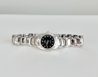 Dainty Silver Tone Watch | Pierre Miller | Round Black Textured Dial | Minimalist Aesthetic | Retro Jewelry Gift for Her | Working Vintage
