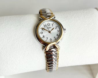 Timex Women's Two Tone Watch | Expansion Band | Round White Dial | Minimalist Old Money Aesthetic | Retro Gift for Her | Working Vintage