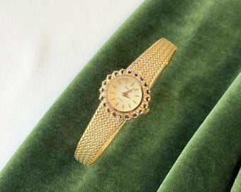 Vintage Deauville Ladies Gold Cocktail Watch, Womens Blue Gemstone Bezel Braided Mesh Bracelet Watch, Vintage Jewelry Gift for Her