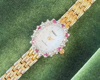 Vintage Dufonte Lucien Piccard Ladies Gold Cocktail Watch, Womens Ruby Red Crystal Bezel Mother of Pearl Dial, Vintage Jewelry Gift for Her