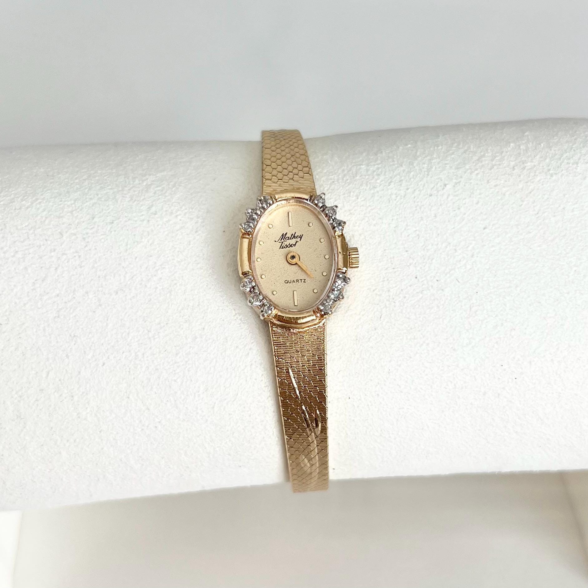 Vintage 1970s Mathey Tissot Diamond Bezel Gold Tone Women display picture 3