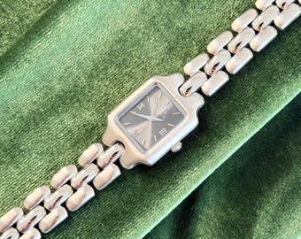 Vintage Anne Klein Ladies Watch, Grey Sunray Dial Square Case, Panther Link Bracelet, Designer Watch Women, Gift for Her