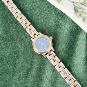 Vintage Two Tone Watch Women Blue Dial Mixed Metal Dainty Link Bracelet Everyday Timepiece Relic