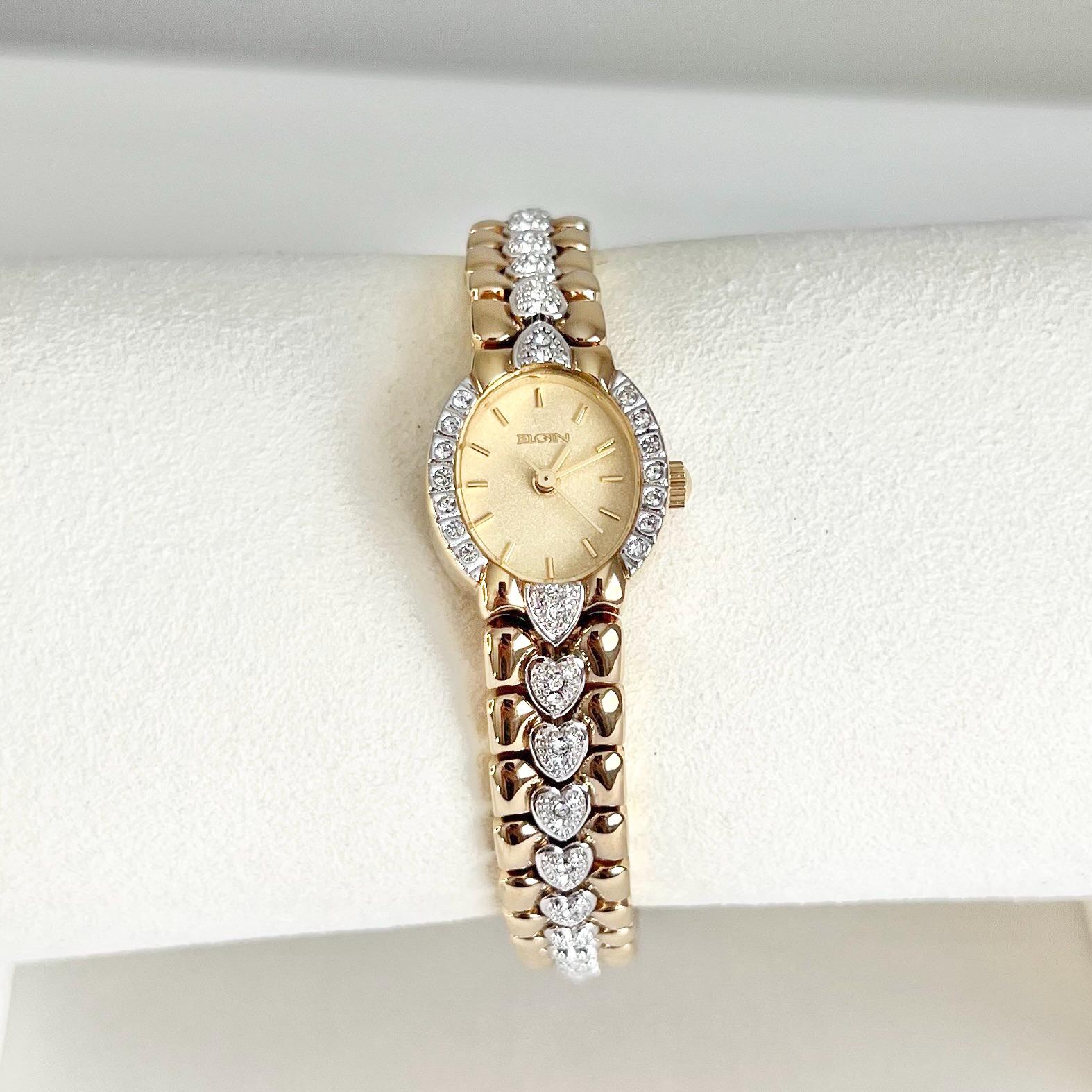 Elgin Women\'s Gold-Tone Heart Crystal Bracelet Watch - Gold & White Vintage Gold-plated Elgin Watch with Crystal Heart Accents  main image 4