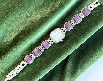 Purple Domed Accent Ladies Watch, Silver Tone Link Bracelet, Colorful Vintage Watch Women, Gift for Her