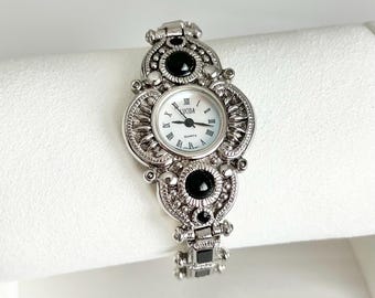 Vintage Lucida Women’s Watch: Round Mother of Pearl Dial, Black Gemstones, Silver Tone, NON-WORKING WATCH
