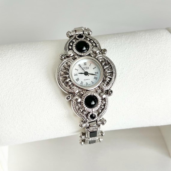 Women\'s Silver-Tone Ornate Bracelet Watch with Dark Dial Kathy Ireland Womens Watch 20mm Black Dial Silver Tone Dress  main image 2