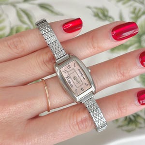 Vintage Milan Watch Women | Silver Tone Rectangular Dress Watch | Pink Dial Stretch Band | Retro Everyday Ladies Timepiece | Funky Numerals