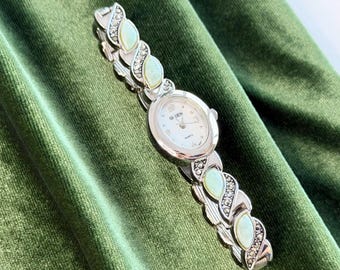 Vintage Gruen Ladies Watch, Silver Tone Oval Case, Pale Green Inlay Marcasite Bracelet, 1990s Cocktail Watch, Gift for Her