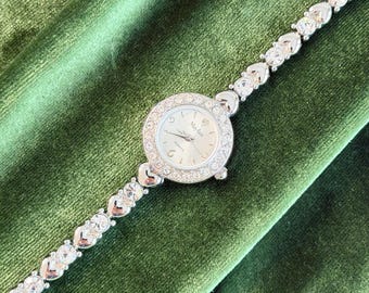 Vintage Mayfair Ladies Watch, Crystal Heart Bracelet, Romantic Sparkle Watch Women, Feminine Dress Watch, Gift for Her