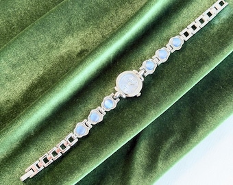 Vintage Fondini Ladies Watch, Light Blue Cat Eye Bracelet, Floral Dainty Cocktail Watch, Old Money Aesthetic, Gift for Her