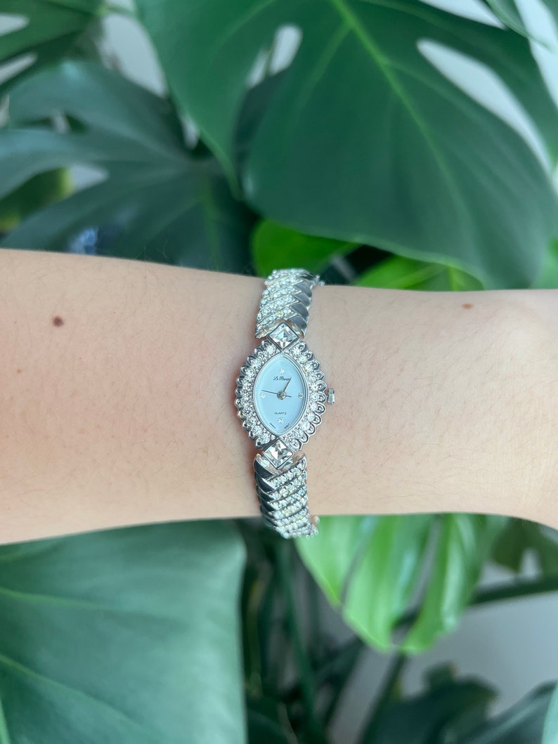Vintage Le Baron Quartz Dainty Watch Almond Dial Silver Tone Crystals Etsy