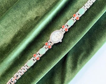 Vintage Infinity Ladies Watch, Green Red Cabochon Bracelet, Pave Crystal Bezel, Old Hollywood Cocktail Watch, Gift for Her
