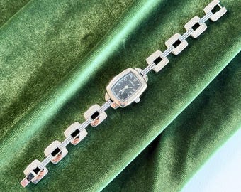 Vintage Carriage by Timex Ladies Watch, Black Dial Barrel Case, Dark Dial Silver Bracelet Watch Women, Gift for Her