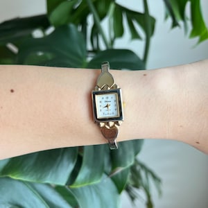 Vintage Geneva Dainty Women’s Watch | Rectangle White Dial | Heart Bangle | Gold Tone