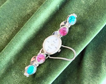 Vintage Lucoral Ladies Watch, Pink Teal Genuine Abalone Bracelet, Iridescent Cocktail Watch, Old Money Style, Gift for Her