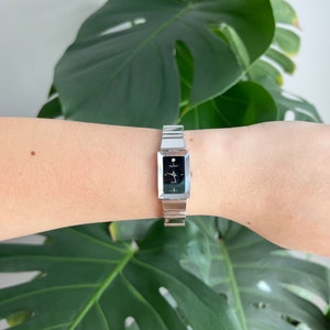 Vintage Peugeot Women’s Watch | Black Rectangle Dial | Mirror Bezel | Silver Tone