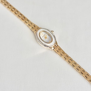 Elgin Vintage Women's Watch, New Old Stock Unworn, Crystal Bezel, Mother of Pearl Dial, Gold Tone, Gift for Her