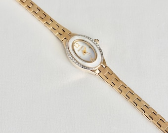 Elgin Vintage Women's Watch, New Old Stock Unworn, Crystal Bezel, Mother of Pearl Dial, Gold Tone, Gift for Her