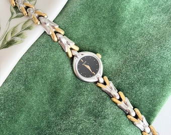 Pulsar 1990s Vintage Two Tone Watch Women's Elegant Dress Watch Black Dial Mixed Metal Timepiece Gift for Her Minimalist Jewelry Accessory