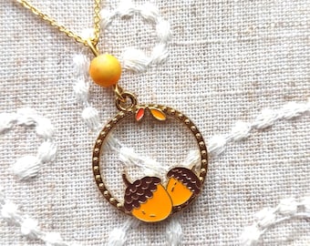 Bright Acorn Necklace: Gold Tone, Agate Bead, Adjustable Chain