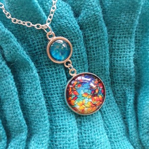 Teal Fall Leaves Pendant Necklace: Silver Tone Autumn Jewelry