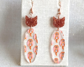 Sparkly Cats & Clocks Acrylic Earrings: Rose gold, Cat Lover Jewelry