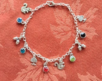 Silver Squirrel, Acorn & Tree Charm Bracelet: Fall Jewelry, Handmade