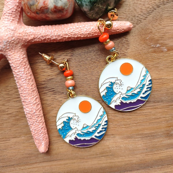 Impressive Artistic Wave Dangle Earrings. Classic wave & Mt. Fuji art. Gift for art lover. Ocean or beach lover gift. Affordable earrings.