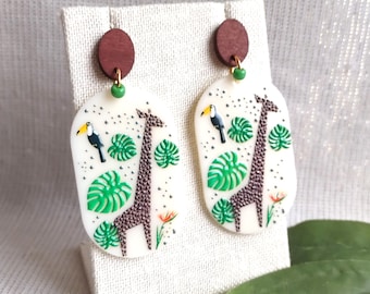 Boho Giraffe Dangle Earrings: Toucan & Palm Leaf, Lightweight Resin Charms