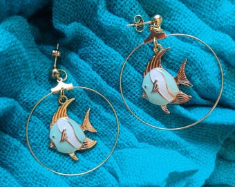 Aqua & White Angel Fish in Gold Circle Hoops: Seashore earrings. Beach jewelry.