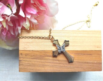 KC Gold Cross Necklace with Silver Butterfly - Christian Jewelry