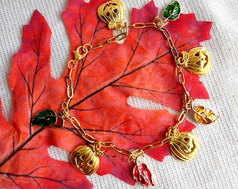 Gold Tone Pumpkin & Fall Leaves Charm Bracelet: Enameled Autumn Jewelry