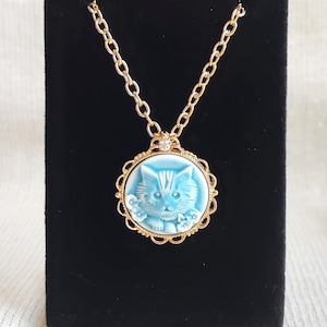 Exquisite Blue Cat Portrait Cameo Necklace. Cat jewelry. Teen/best friend gift. Kitten necklace. Cat lover. Length choice. Birthday. Easter.
