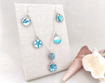 Sea Life Multi-Charm Necklace: Turquoise Cabochons, Silver Tone Chain