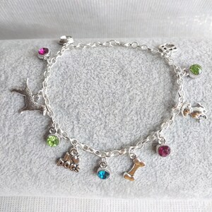 Whimsical Silver Tone Dog Lover Charm Bracelet. Choice of size. Dog jewelry. Pet jewelry. Pet lover bracelet. Gift for her. Birthday gift.