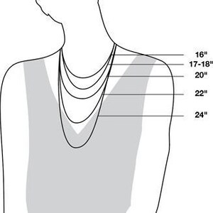 May include: Diagram illustrating necklace lengths on a person. The image shows how necklaces of 16, 17-18, 20, 22, and 24 inches would hang. The person is wearing a sleeveless top.