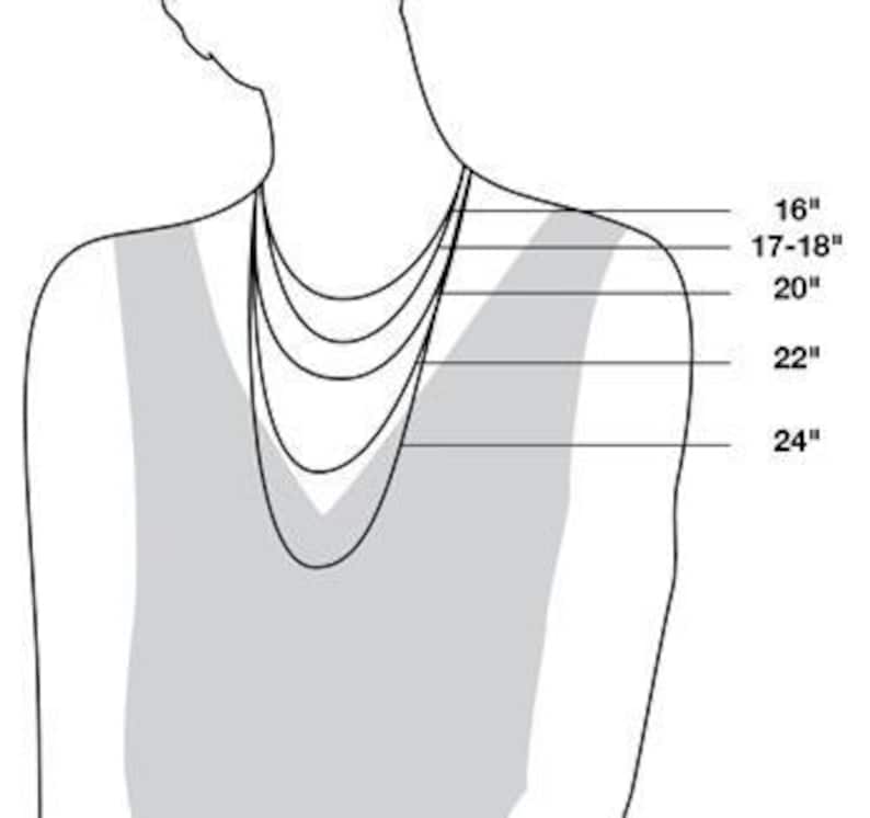 May include: Diagram illustrating necklace lengths on a person. The image shows how necklaces of 16, 17-18, 20, 22, and 24 inches would hang. The person is wearing a sleeveless top.