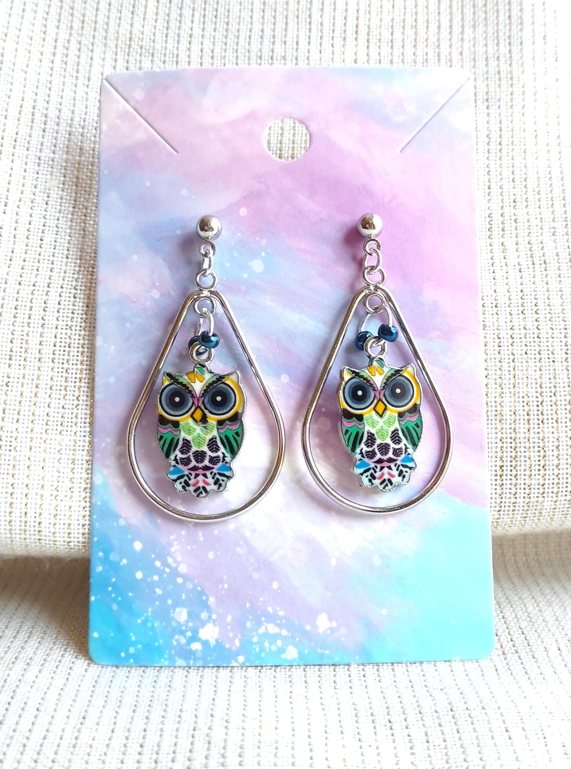 Silver Owl Teardrop Hoop Earrings, Violet Seed Beads