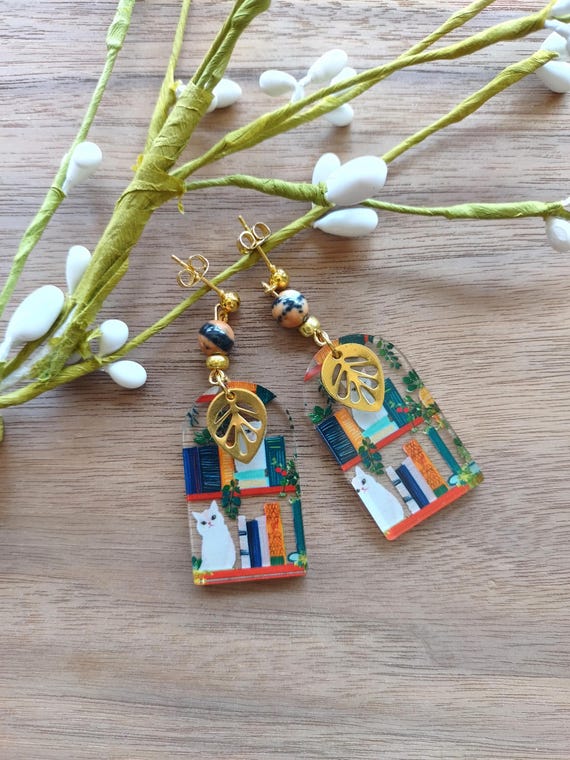 White Cat & Colorful Books Earrings: Literary Girl Acrylic Jewelry