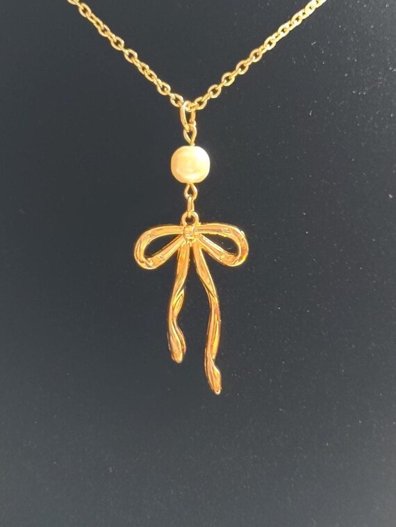 Gold Bow Pendant Necklace with Pearl: Messy Coquette Jewelry
