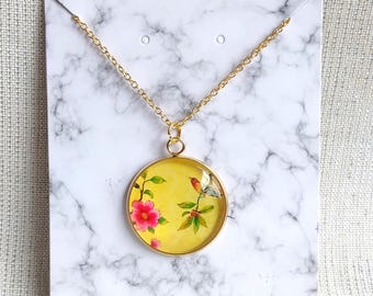 Western Tanager Bird Pendant Necklace: Gold Tone Bird Jewelry