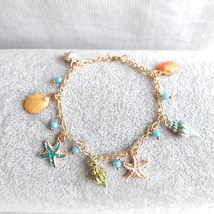 Gold Seashell & Starfish Charm Bracelet: Pastel Enamel, Handmade