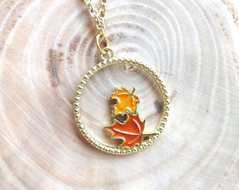 Fall Leaves Necklace: Gold Tone Autumn Maple Leaf Charm