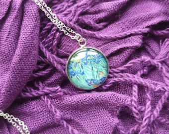 Van Gogh Irises Pendant Necklace: Silver Tone Art Jewelry