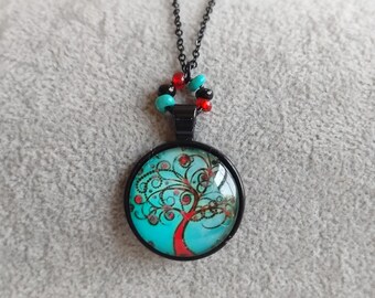 Swirling Red Fall Tree Pendant Necklace: Black Tone Autumn Jewelry